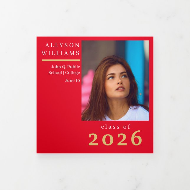 Anúncio Com Dobra Tripla Turma de Formatura 8 Foto com Estilo Elegante Verm (Cobrir)