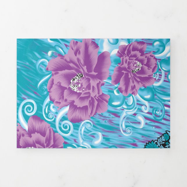 Anúncio Com Dobra Tripla Um design têxtil vibrante com roxo e turq (Cobrir)
