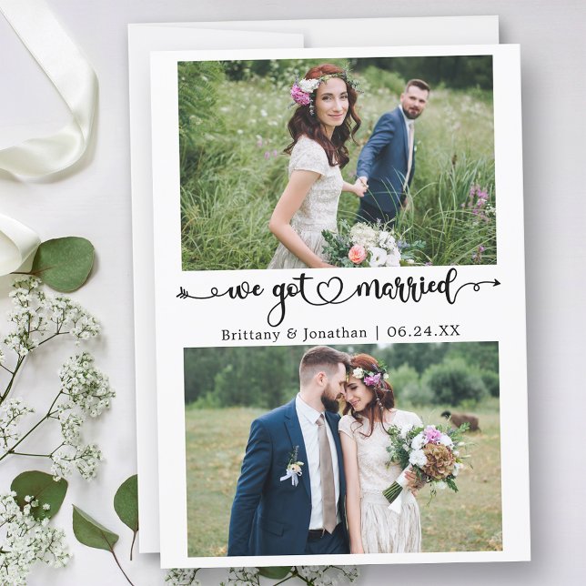 Anúncio Coração Da Caligrafia Nos Casamos 2 Fotos Casados (Customize to change your personalized text size, text style or to add text to back of card.)