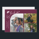 Anúncio Cranberry Hand Written Thank You Multi Photo<br><div class="desc">Modern and whimsical graduation announcement photo card featuring 3 photos on the front and 1 on the back. The text says "Thank You" with twinkling stars. Add the graduate's name,  information,  and message to personalize this card. Cranberry.</div>