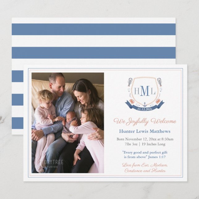 Anúncio Crustaceano Monograma Foto Bebê Nascido (Frente/Verso)