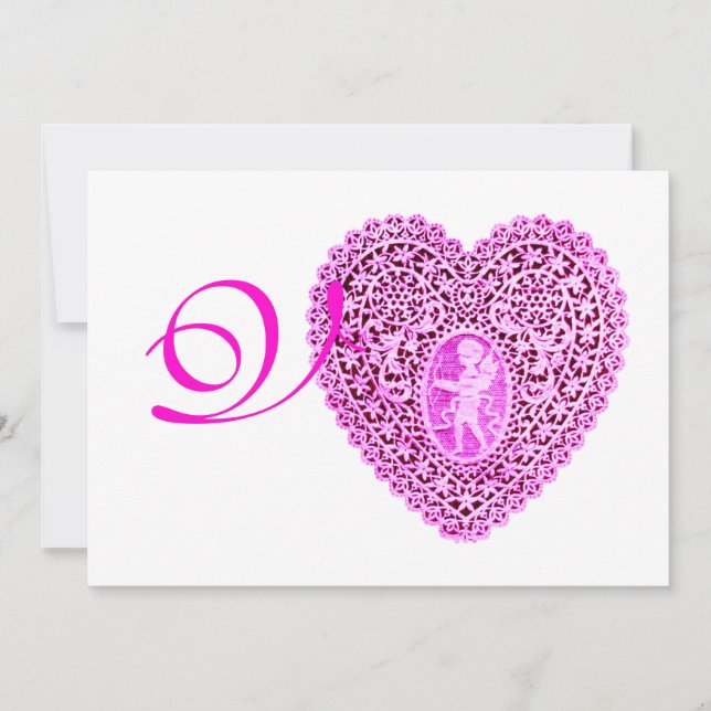 Anúncio CUPID LACE HEART MONOGRAM, Fúchsia vermelha sentiu (Frente)
