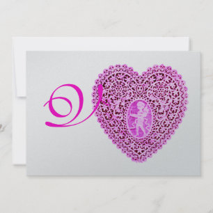 Anúncio CUPID LACE HEART MONOGRAMA, fuchsia vermelha prata