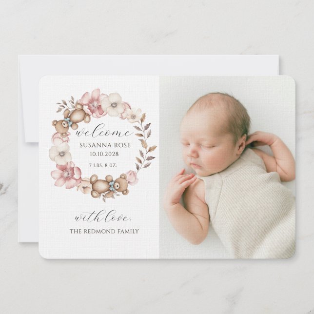 Anúncio Cute Baby Photo Teddy Bear Wreath Birth (Frente)
