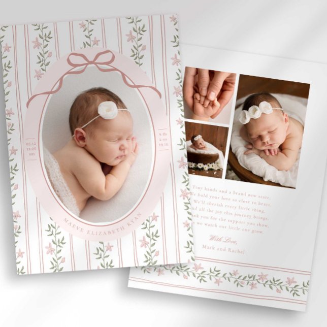 Anúncio Dainty Floral Bow Photo Birth Announcement (Criador carregado)