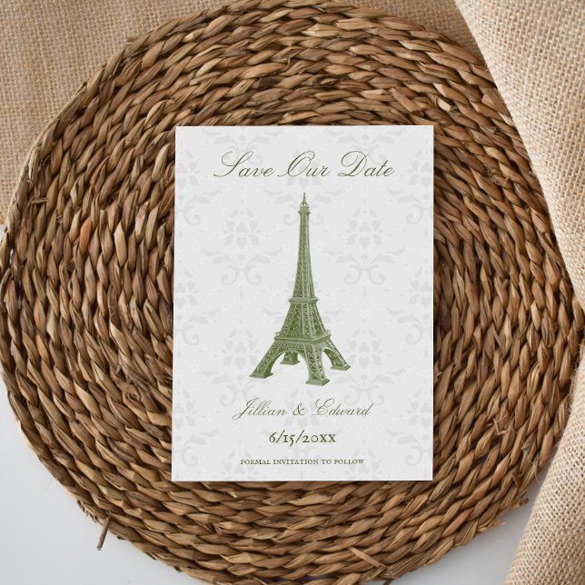 Anúncio Damasco de Torre Eiffel Verde Salve a Data (Green Eiffel Tower Damask Save the Date)