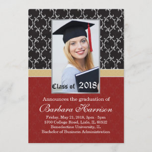 Anúncio Damask Black, Red Graduation Announment Photo