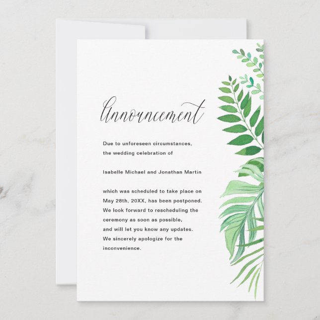 Anúncio de Adiamento de Casamento com Folhas Simpl (Frente)