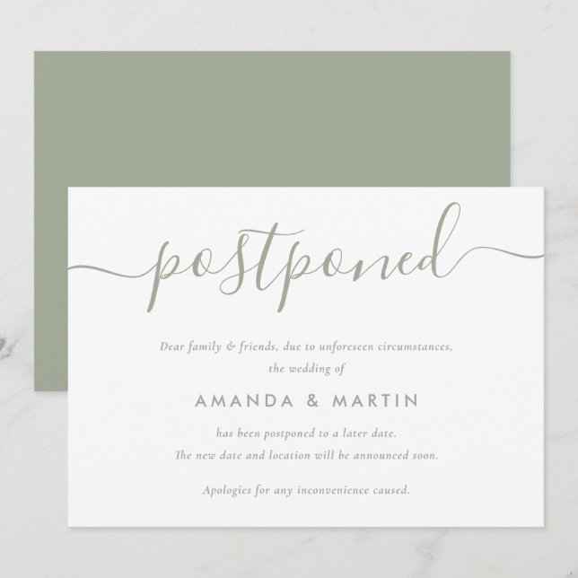 Anúncio de Adiamento de Casamento em Verde Sage Mo (Frente/Verso)