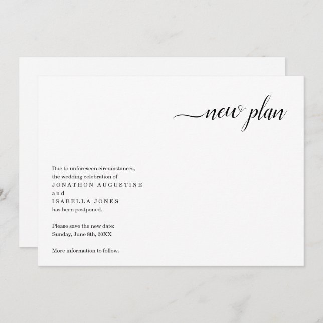 Anúncio de adiamento de casamento moderno (Frente/Verso)