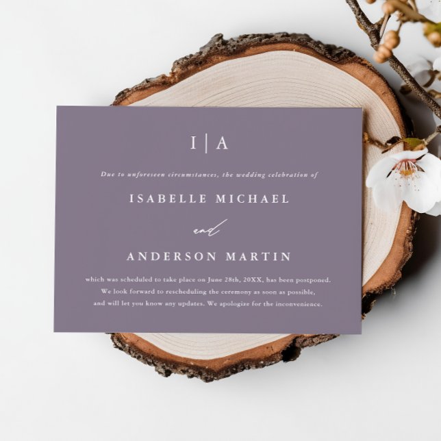 Anúncio de Adiamento de Casamento Roxo Fumê Chic c (Criador carregado)