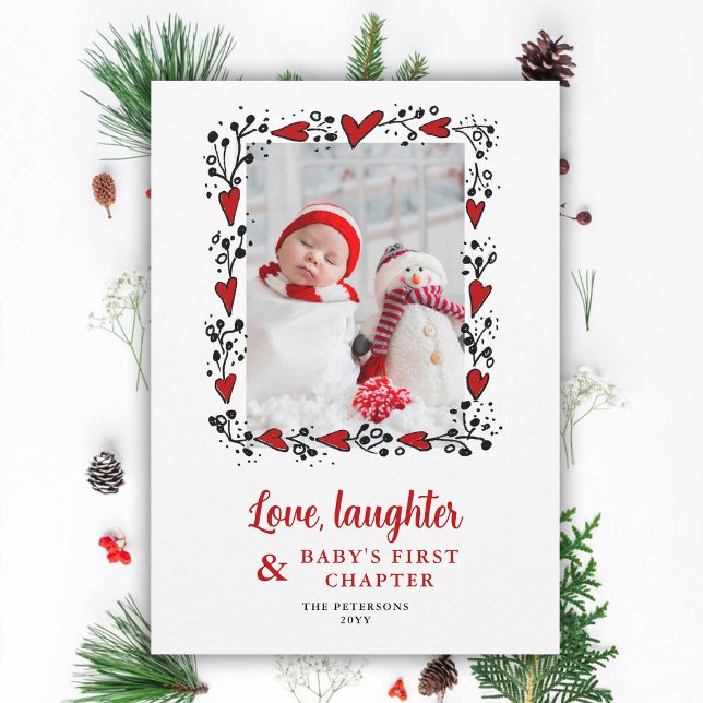 Anúncio de Bebê Amor Risos Coração Feriados (love laughter hearts frame holidays christmas baby announcement family photo card diy red black chic)