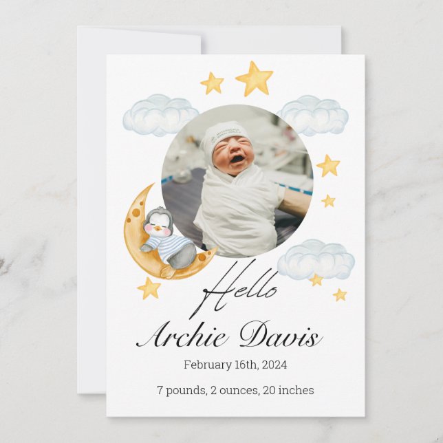 Anúncio de bebê bonito com um pinguim bebê (Frente)