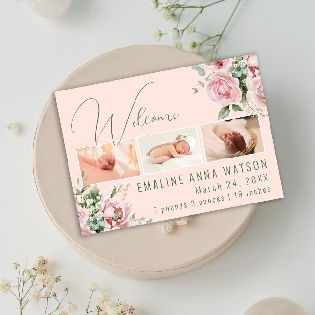 Anúncio De Bebê De Foto Floral Rosa E Verde (Pink Floral Watercolor photo birth announcement for baby girl.)