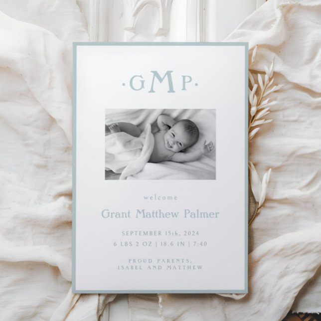 Anúncio de bebê do Monograma Azul (Criador carregado)