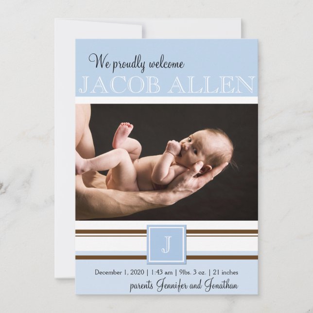 Anúncio de bebê do Monograma Azul e Castanho (Frente)