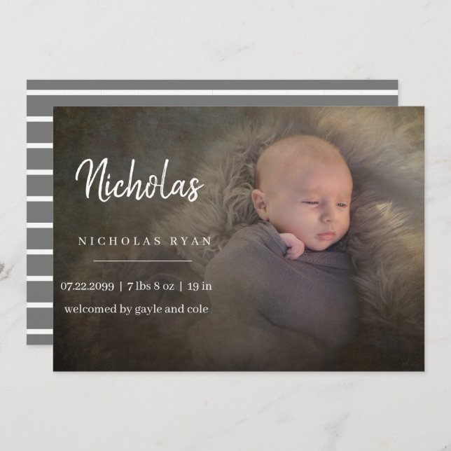 Anúncio de bebê em caligrafia simples (Frente/Verso)