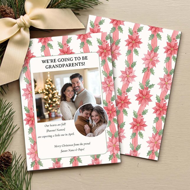 Anúncio de Bebê nas Férias de Avós Orgulhosos (Proud Grandparents Poinsettia Holiday Pregnancy Announcement Christmas Card by Darling & May)