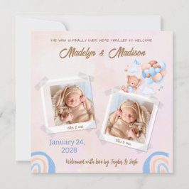 ANÚNCIO DE BEBÊ PARA GÊMEOS FOTO CARTÃO PERSONALIZ