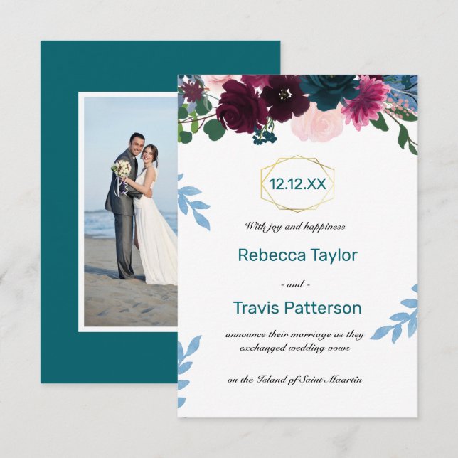 Anúncio de Casamento 3x5 Floral Blooms Teal Vert (Frente/Verso)