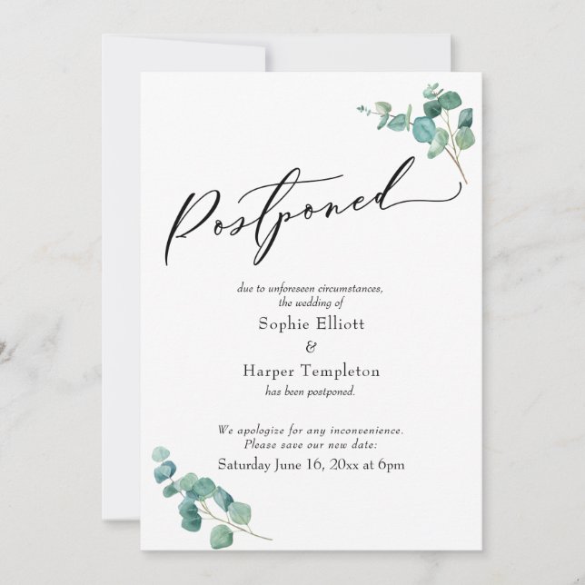 Anúncio de Casamento Adiado Elegante de Eucalipto (Frente)