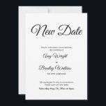 Anúncio de casamento adiado Nova data legante<br><div class="desc">Aqui está um simples cartão para notificar seus convidados se for necessário mudar sua data de casamento. Use os campos de modelo para adicionar seus detalhes pessoais e tornar este design elegante e minimalista seu próprio. O fundo branco pode ser alterado para qualquer cor que você preferir. Todas as fontes...</div>