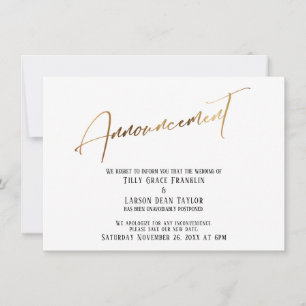 Anúncio de casamento adiado por caligrafia Dourada