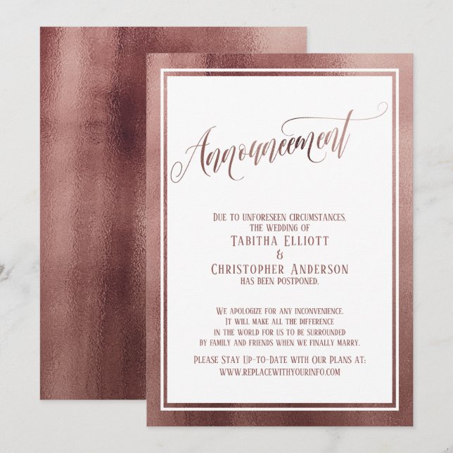 Anúncio de casamento adiado por Rosa Dourada Elega (Frente/Verso)