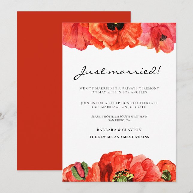 Anúncio de casamento aquarela com papoulas vermelh (Frente/Verso)