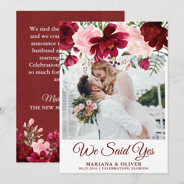 Anúncio de Casamento Burgundy Rosa Floral (Frente/Verso)
