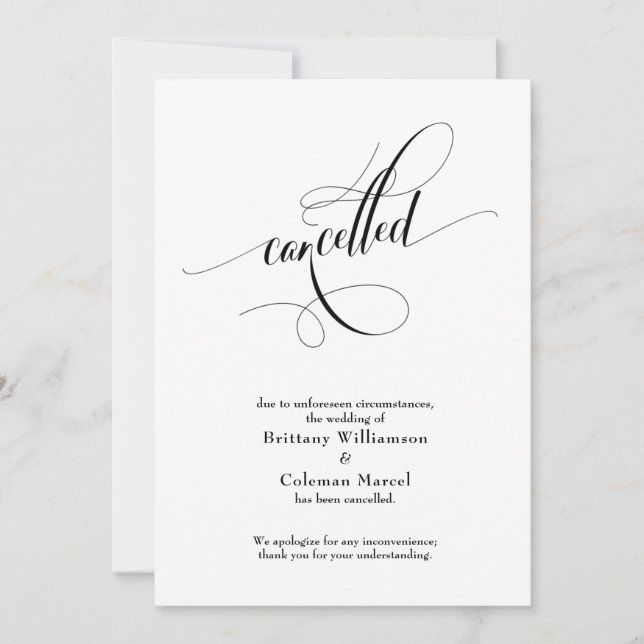 Anúncio de Casamento Cancelado Elegant Script (Frente)