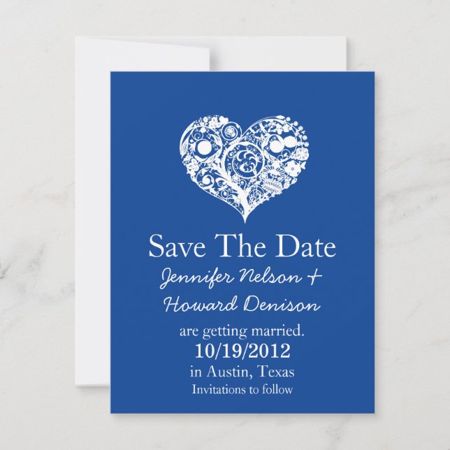 Anúncio de casamento Chic Blue & White Heart (Frente)