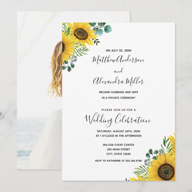Anúncio de Casamento com Girassóis e Recepção (Frente/Verso)