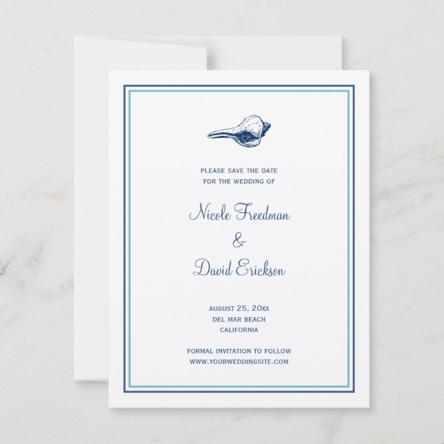 Anúncio de casamento concha azul save the date (Frente)
