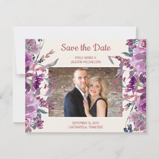 Anúncio de casamento creme floral roxo para data d (Frente)