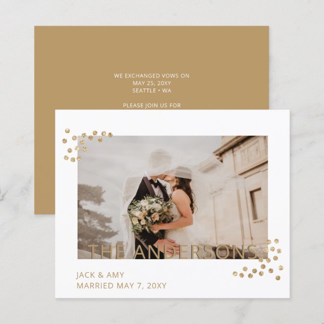 Anúncio de Casamento de Foto de Confetti Dourado O (Frente/Verso)