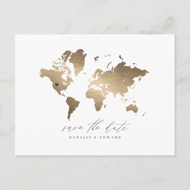 Anúncio de casamento do mapa do mundo Dourado (Frente)
