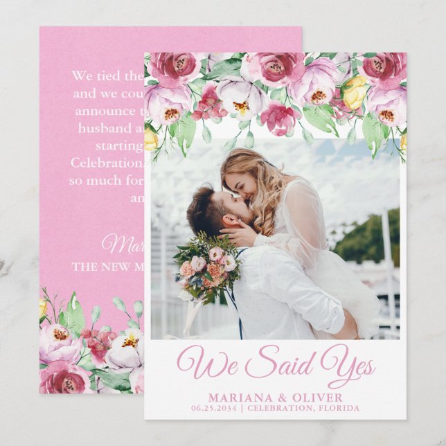 Anúncio de Casamento Floral Aquarela Rosa (Frente/Verso)
