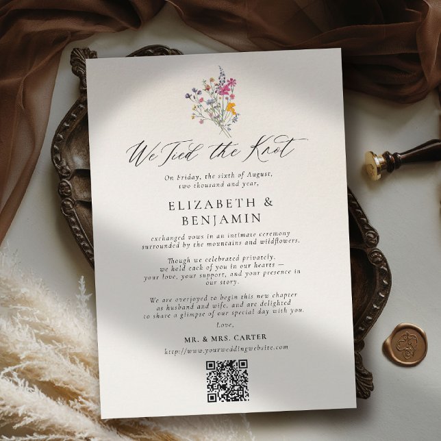 Anúncio de Casamento Fuga com Graça de Flor Silves (wildflower elopement wedding announcement romantic colorful watercolor pastel floral timeless chic)