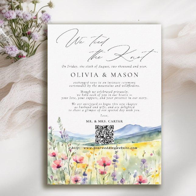 Anúncio de Casamento Fugitivo com Flor Silvestre d (mountain wedding announcement elopement wildflowers meadow floral watercolor modern calligraphy )