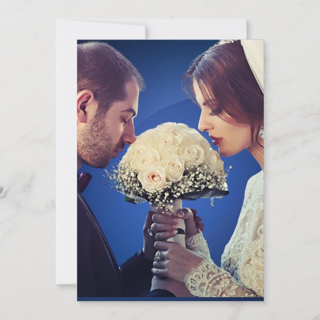 Anúncio de Casamento Glamouroso em Azul e Dourado (Frente)