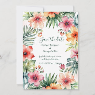 Anúncio de casamento tropical floral rosa coral do