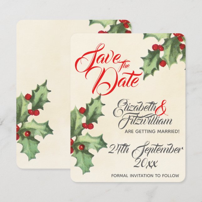 Anúncio de casamento vintage com azevinho (Frente/Verso)