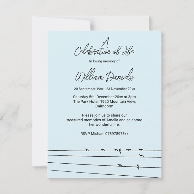 Anúncio de Celebração da Vida de Pássaros no Fio (Frente)