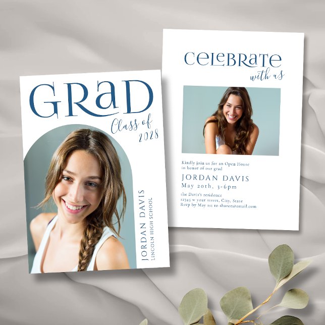 Anúncio de Conclusão de Curso com Arco Moderno Azu (Blue Modern Arch Photo Graduation Announcement)