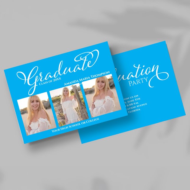 Anúncio de Conclusão de Curso com Colagem de Fotos (Front view of blue script photo collage graduation announcement with three senior portraits.)
