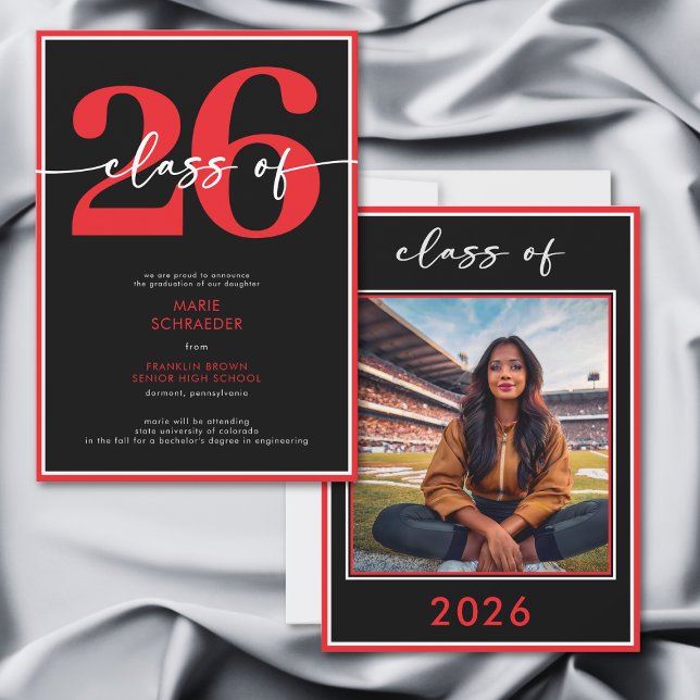 Anúncio de Conclusão de Curso com Letra Vermelha M (Modern Minimal Red Script Graduation Announcement)