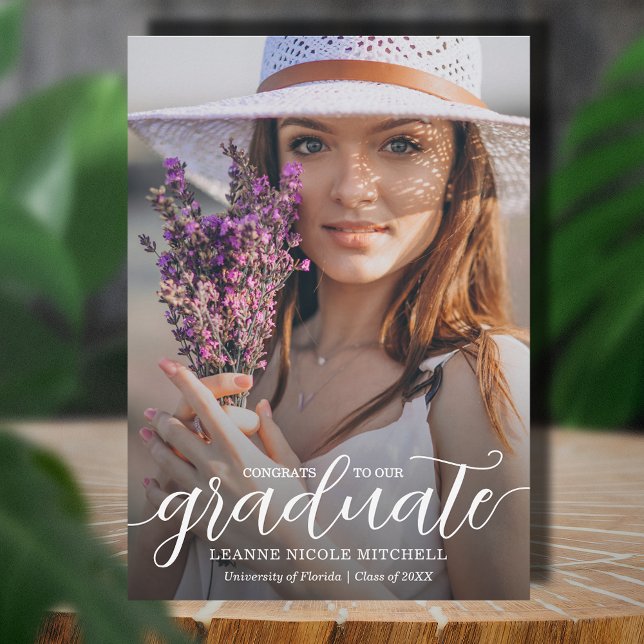 Anúncio de Conclusão de Curso com Sobreposição de  (Elegant white script on photo graduation announcements,  PRINTED and/or INSTANT DOWNLOAD)
