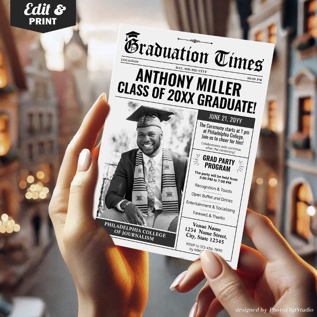 Anúncio de Convite para Graduação de Jornais Perso (Newspaper Graduation Invitation Grad Announcement Card)