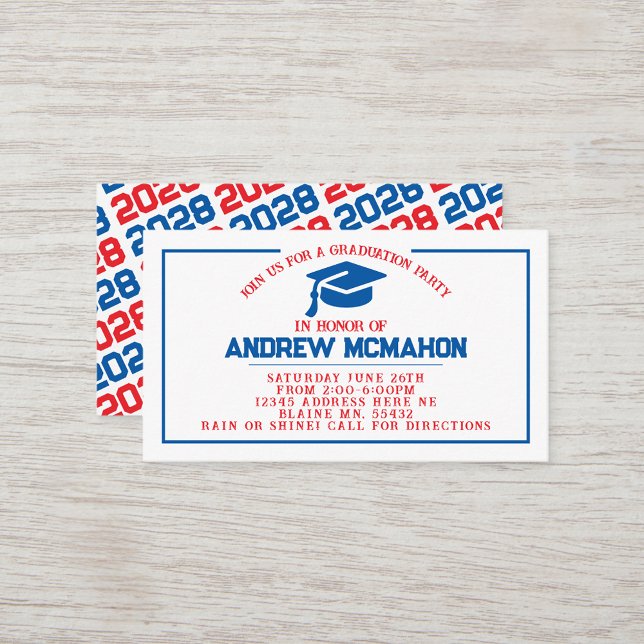 Anúncio de Convite para Graduação Vermelho e Azul (Blue, White and Red Mini Graduation Invites for Friends, Team Mates or as Announcement Inserts!)